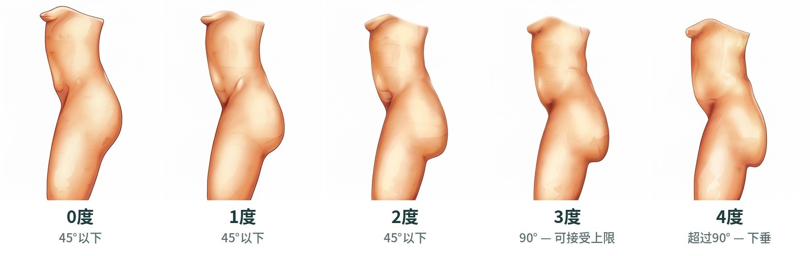 从侧面看臀部下垂0度~4度