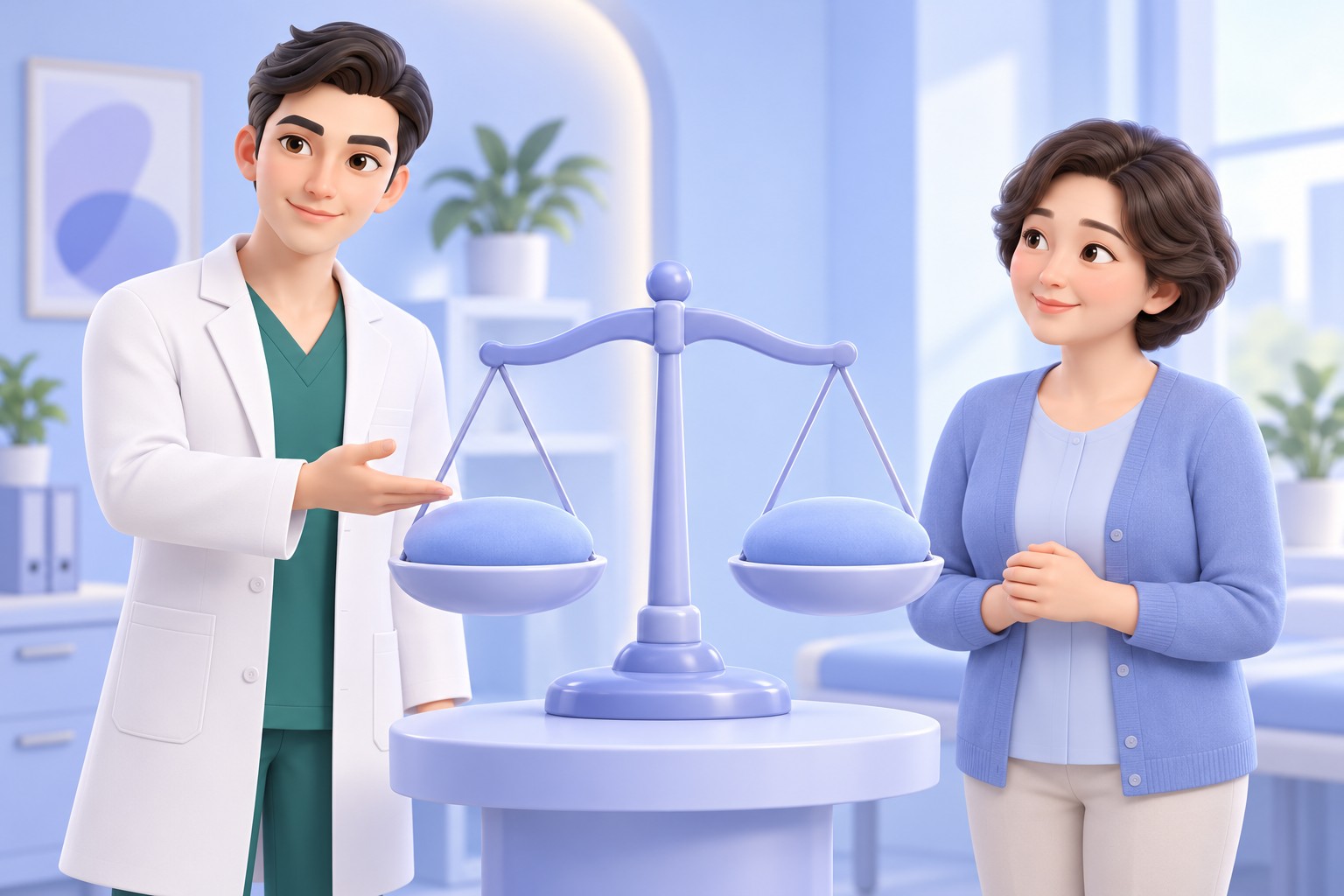缩小两侧乳房大小差异以取得平衡的概念图
