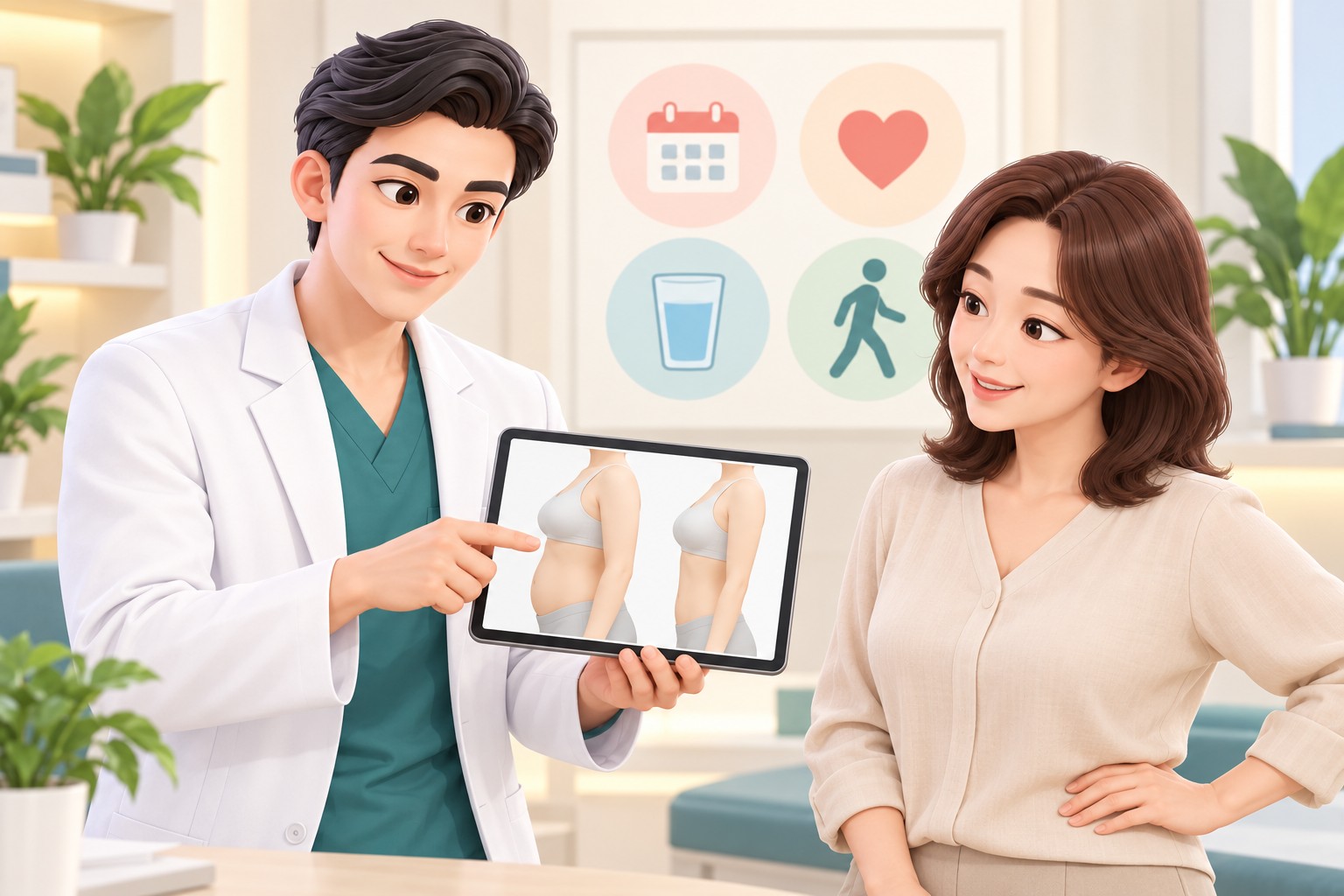 医生与患者一起确认术后恢复情况