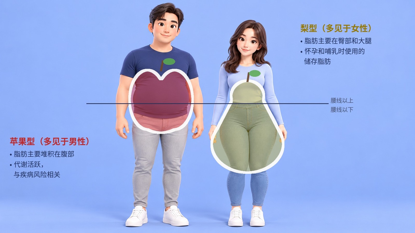 男性多见的苹果型与女性多见的梨型脂肪分布对比
