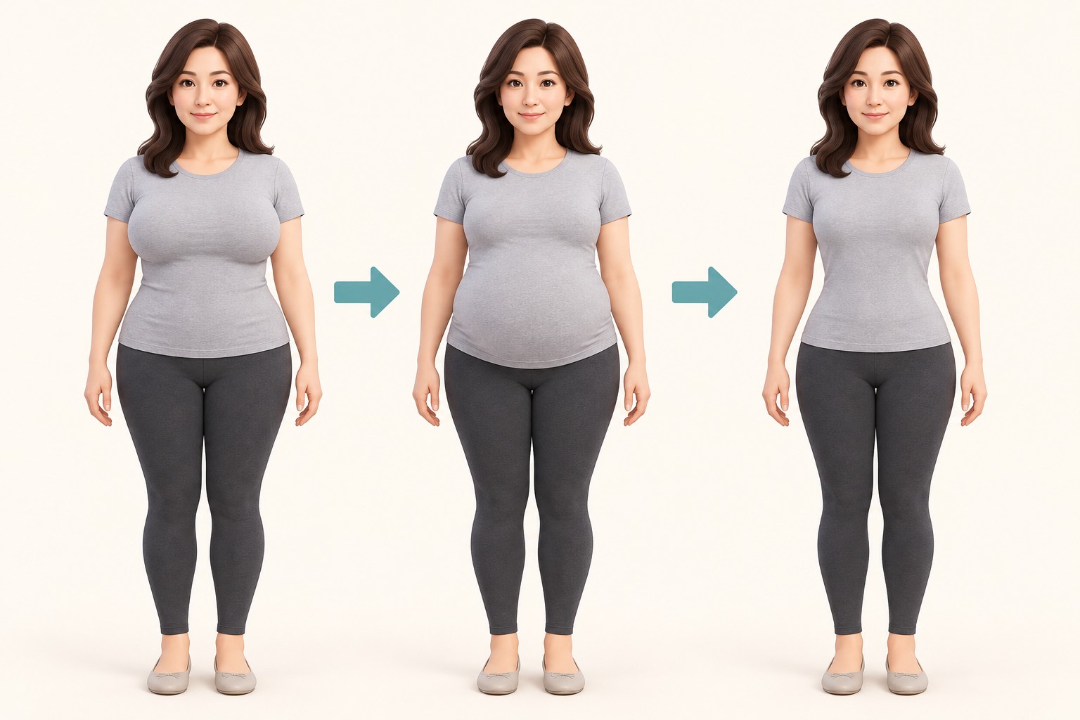 乳房缩小后腹部显得相对变大、之后恢复平衡的阶段示意图
