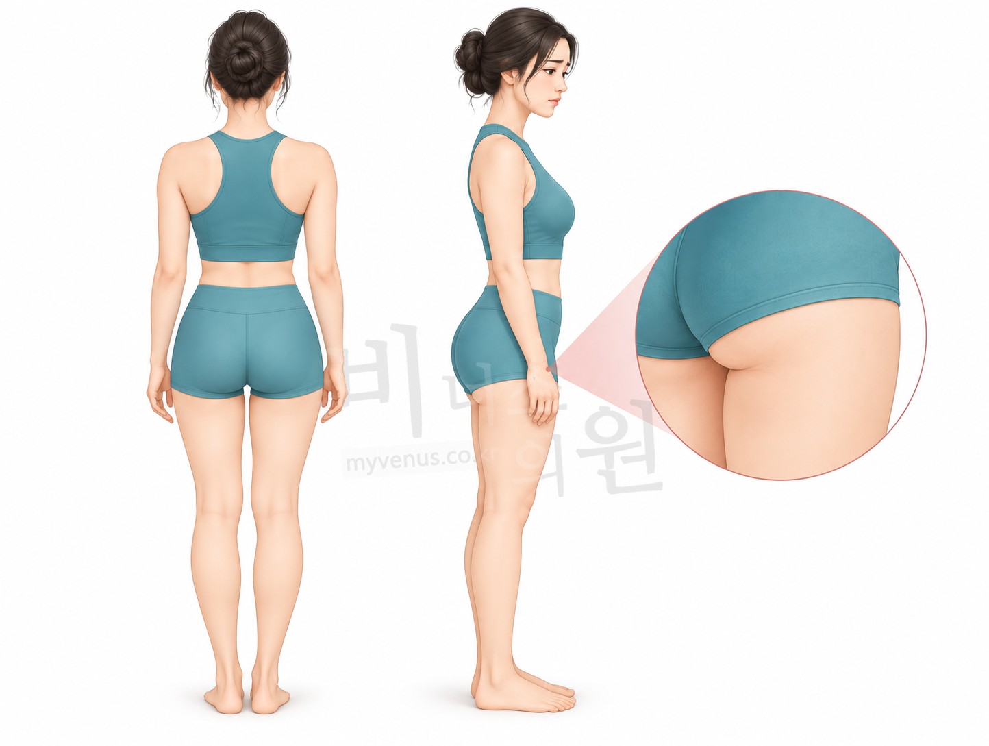 从后面和侧面观察臀部下方与大腿后侧交界的样子