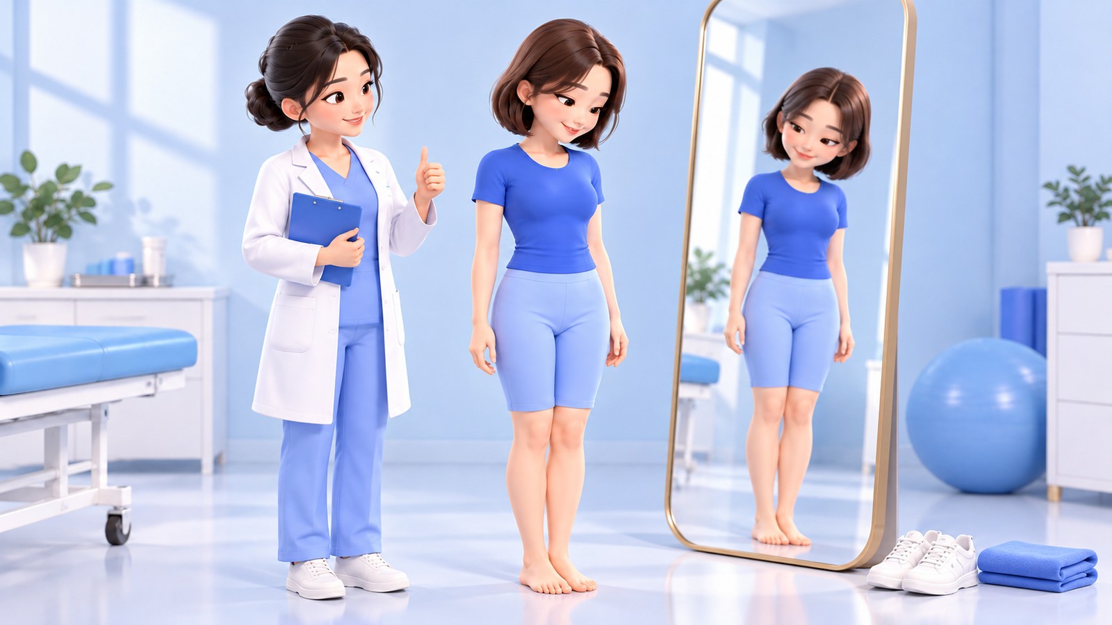 患者与医生在镜子前确认腿部线条