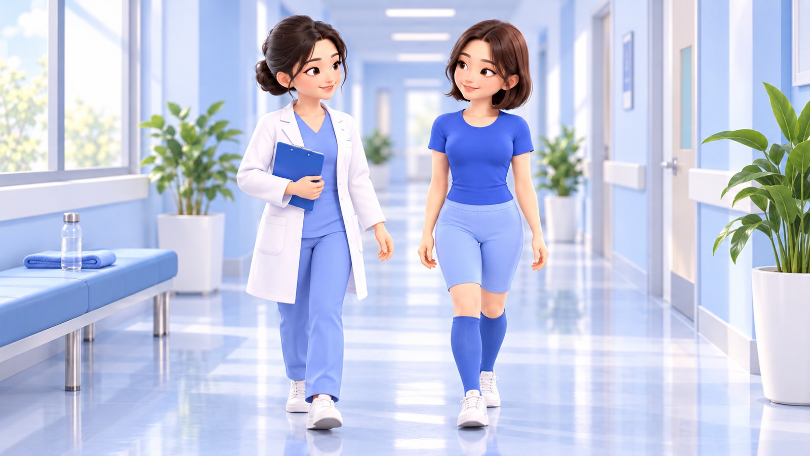 穿着压缩护具在走廊中行走的恢复期患者与医生