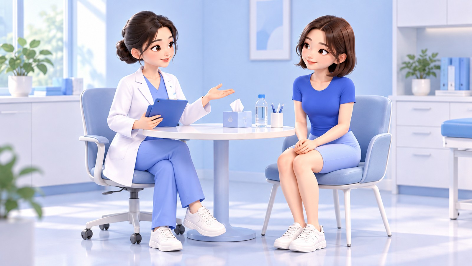 医生与患者围绕大腿和小腿线条进行咨询的场景