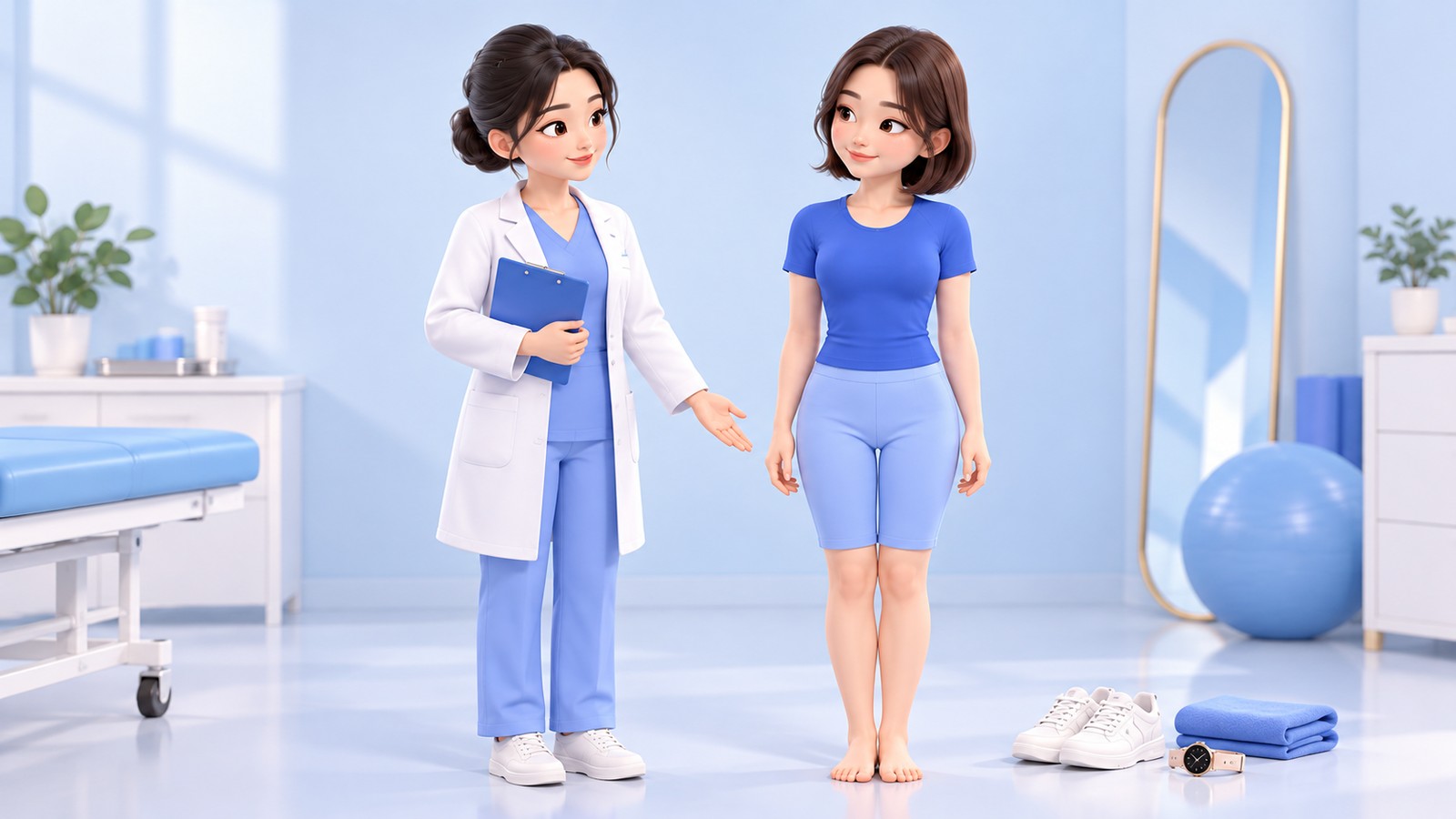 查看双腿并拢站立的患者腿部线条的咨询场景