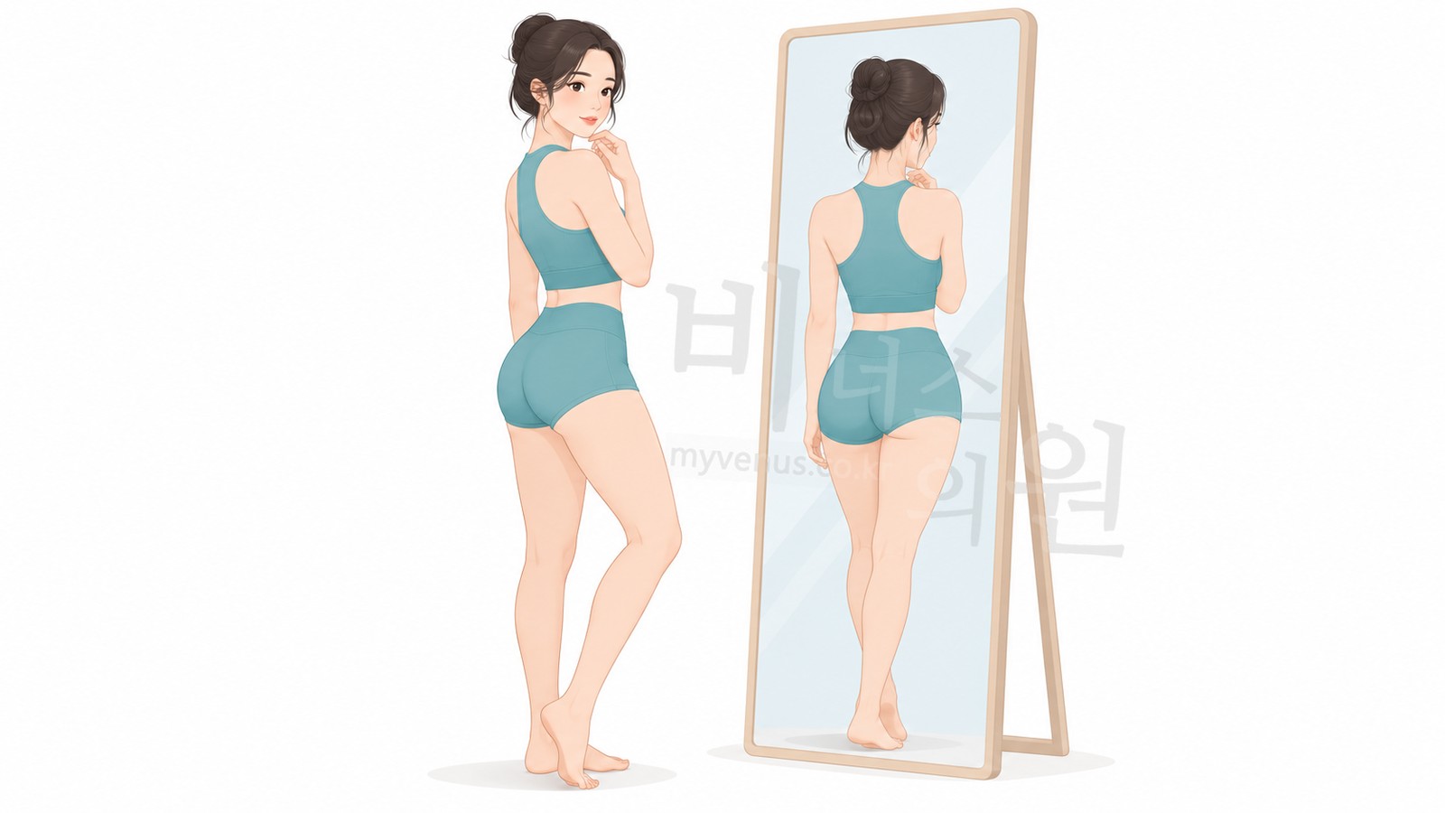回头看镜子里臀部与大腿交界线的样子