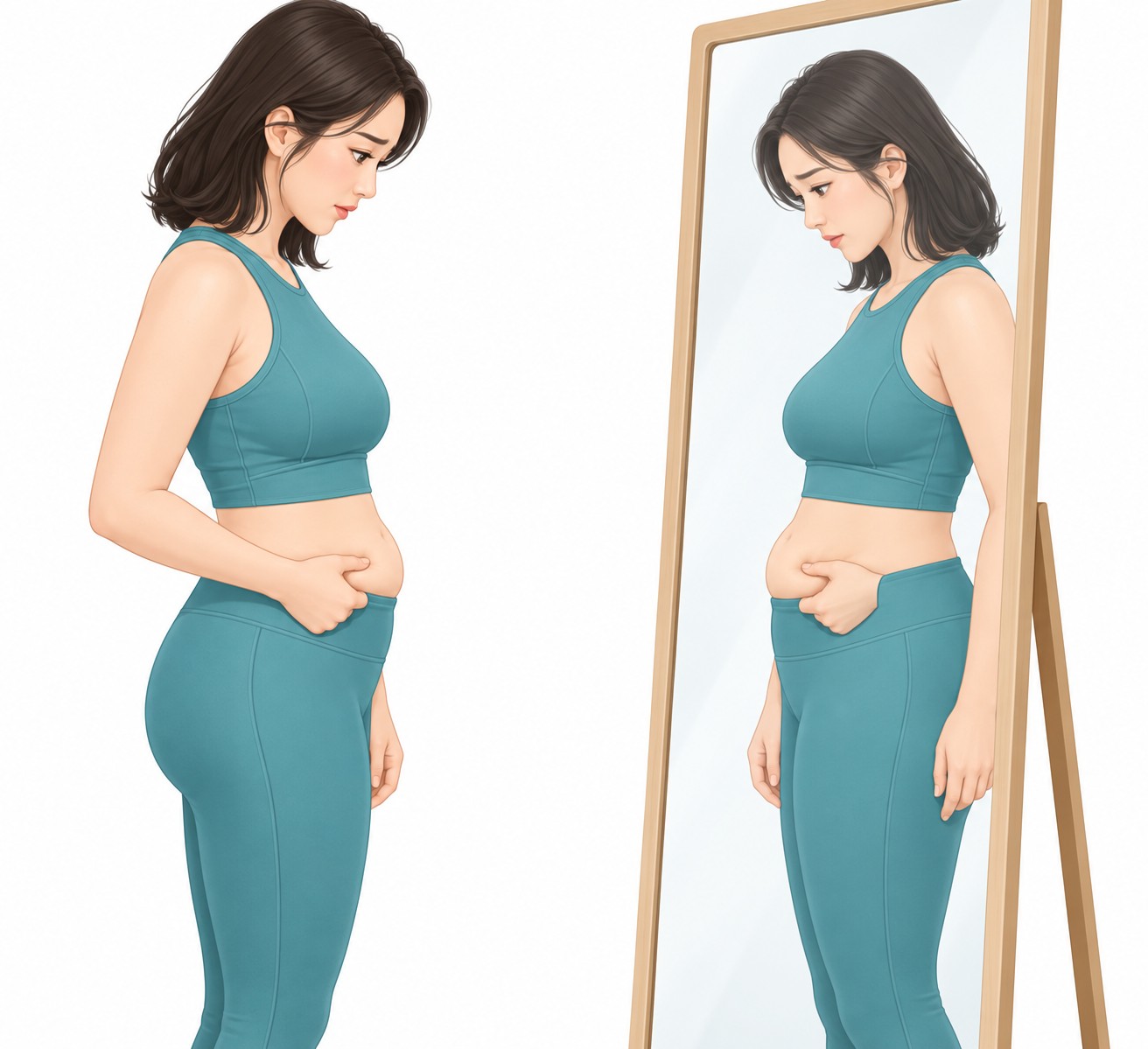 在镜子前查看小腹的女性