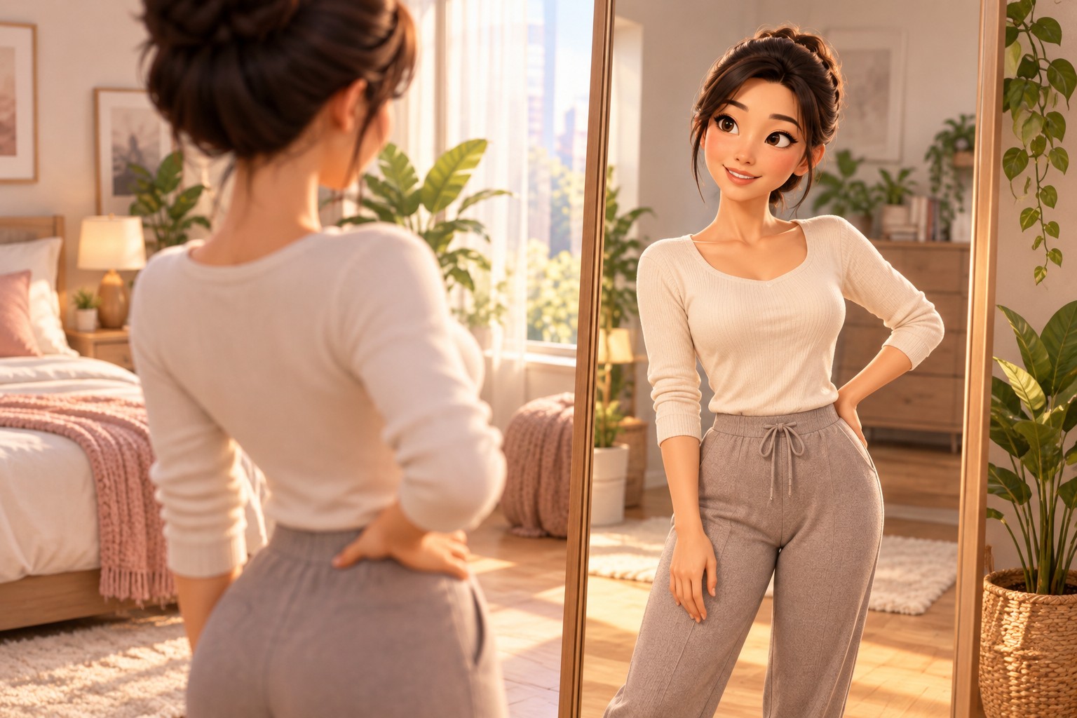 在镜子前看着自己变化后腰部线条的女性