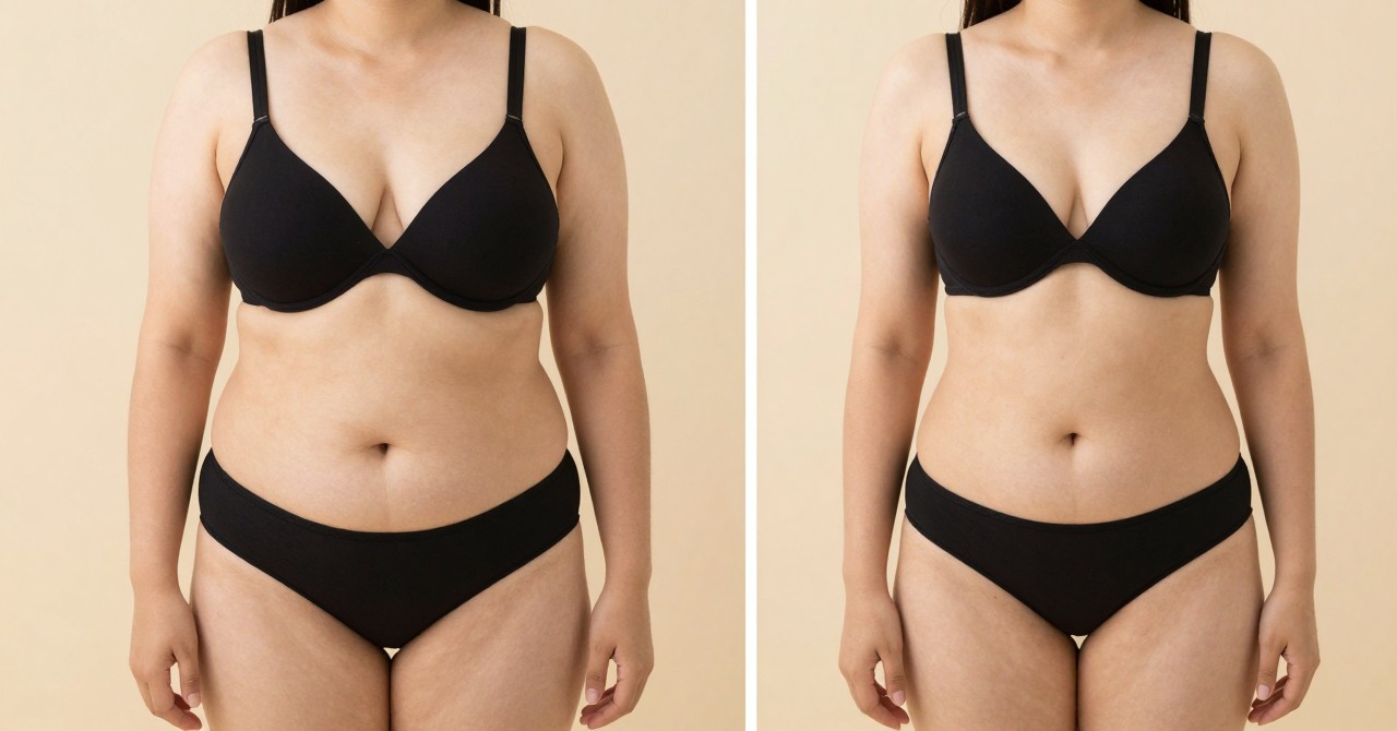 乳房·腋下正面虚拟前后对比图——较大且位置稍低的乳房与饱满的侧胸（左），尺寸缩小、位置稍有上提的乳房（右）